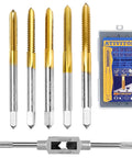 Six Piece SAE Tap Set With Wrench M2 HSS Taps For Six Thirty Two UNC To One Quarter Twenty UNC with titanium plated finish