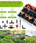 230 Piece All In One Quarter Inch Barbed Drip Irrigation Fittings Kit with storage case and garden setup examples
