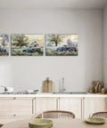 Three Piece Vintage Blue Pickup Truck Canvas Wall Art Set With Florals in a rustic farmhouse style kitchen decor
