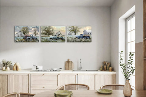 Three Piece Vintage Blue Pickup Truck Canvas Wall Art Set With Florals in a rustic farmhouse style kitchen decor