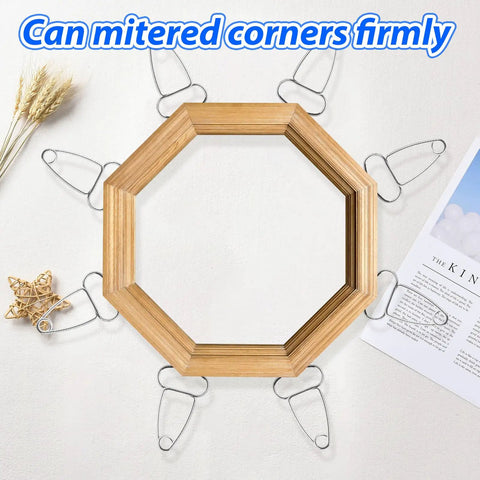 Pro Grade Spring Loaded Miter Clamp Set With Pliers 13 Piece Clamp Kit holding octagonal wood frame corner