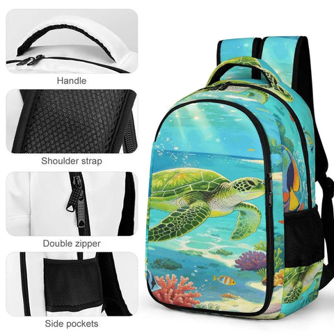 Coral Reef Sea Turtle Print Unisex Backpack Large Capacity Durable Polyester Daypack with smooth zipper and roomy interior