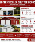 Heavy Duty Electric Roll Up Door 102 By 102 Inches Galvanized Steel Garage Barn Shutter shown in carport, barn, and storage shed use.