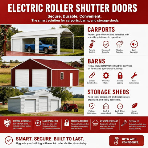 Heavy Duty Electric Roll Up Door 102 By 102 Inches Galvanized Steel Garage Barn Shutter shown in carport, barn, and storage shed use.