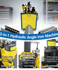 Professional Grade Heavy Duty 3 In 1 Hydraulic Iron Worker For Easy Steel Punching Chamfering And Cutting With Foot Pedal And Roll Casters For No Hassle Shop Builds 1500 Watt in workshop setting with machine details.