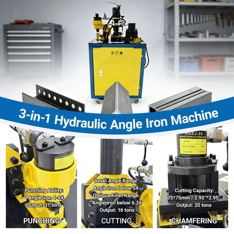 Professional Grade Heavy Duty 3 In 1 Hydraulic Iron Worker For Easy Steel Punching Chamfering And Cutting With Foot Pedal And Roll Casters For No Hassle Shop Builds 1500 Watt in workshop setting with machine details.