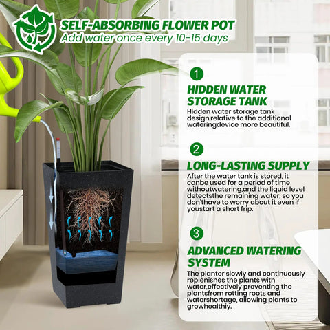 Self-absorbing 16 Inch Tall Planters Set Of 2 For Indoor And Outdoor Use In Black With Drainage Holes Inner Bucket And Water Level Monitors