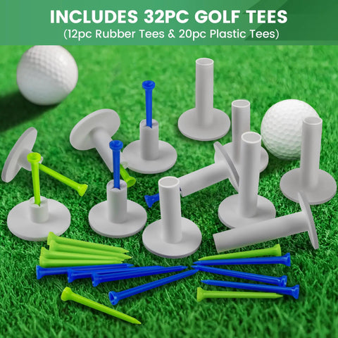 Durable Rubber Golf Tees For Driving Range And Indoor Simulators, 32-piece set with mixed sizes on grass.