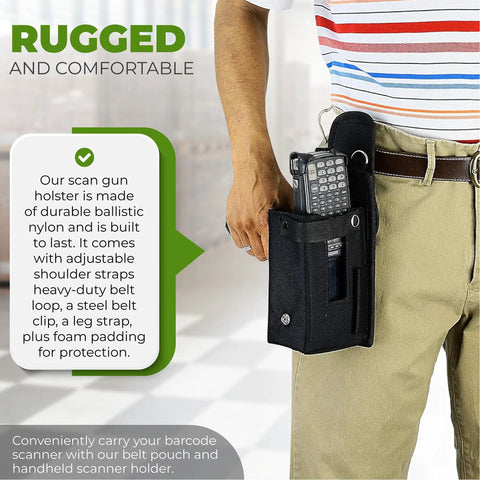 Person wearing a large barcode scanner holster made from ballistic nylon, attached to belt loop, with Zebra MC9500 scanner inside.