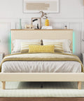 Ultimate Cozy Queen Size Bed Frame Crafted From Plush Beige Corduroy Upholstery with LED lights in a stylish bedroom setting.