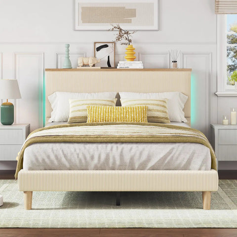 Ultimate Cozy Queen Size Bed Frame Crafted From Plush Beige Corduroy Upholstery with LED lights in a stylish bedroom setting.