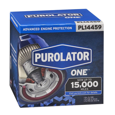 Product packaging of Advanced Engine Protection Spin On Oil Filter with High Density Synthetic Media for up to 15k miles.