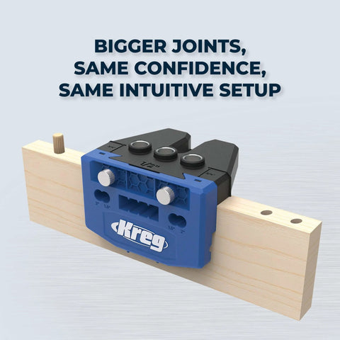 One Half Inch Dowel Jig Upgrade Kit With Hardened Steel Drill Guides featuring alignment pin on wooden plank