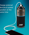 OneSource Rechargeable Camping Gear Set With Camp Shower Cordless Vacuum Portable Fan Bluetooth Speaker And Air Pump Powered By A Single Battery System For All Day Power On The Go showing Bluetooth speaker charging a phone