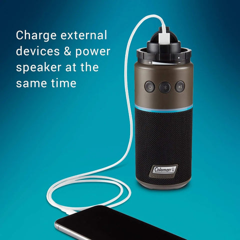 OneSource Rechargeable Camping Gear Set With Camp Shower Cordless Vacuum Portable Fan Bluetooth Speaker And Air Pump Powered By A Single Battery System For All Day Power On The Go showing Bluetooth speaker charging a phone