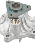 WPT-111 Engine Water Pump With Gasket For Select Scion Xa Xb Toyota Echo Prius Yaris Replacement Part OEM Quality Built For Longevity And Smooth Coolant Flow Durable Bearings Carbon Ceramic Seal For Reliable Cooling, silver metal component with mounting holes and circular bearing, side view