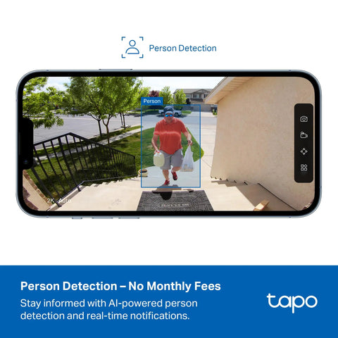 Person detection shown on smartphone screen with Outdoor 1080P Security Camera. No monthly fees, ideal for driveways.