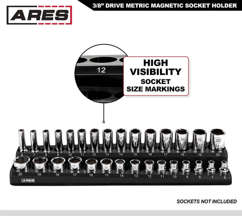 3/8 Inch Metric Magnetic Socket Organizer Holds 15 Standard And 15 Deep Sockets, size markings visible
