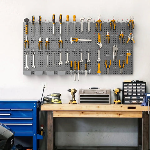 Garage Tools Organizer Board Kit with Hooks Four Black Wall Mount Panels for Easy Tool Storage Heavy Duty Hooks Pro Grade
