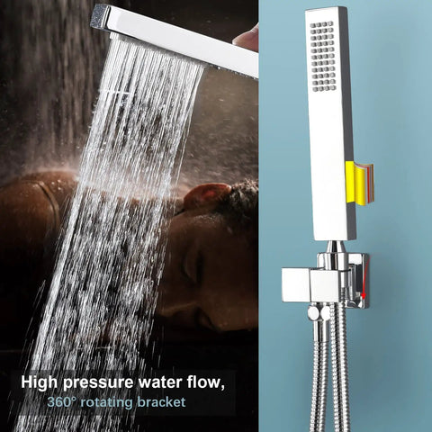 Square Solid Brass Handheld Shower Head With Wall Connector And 1.5M Stainless Steel Hose Chrome Finish 44 Jet Anti Clogging