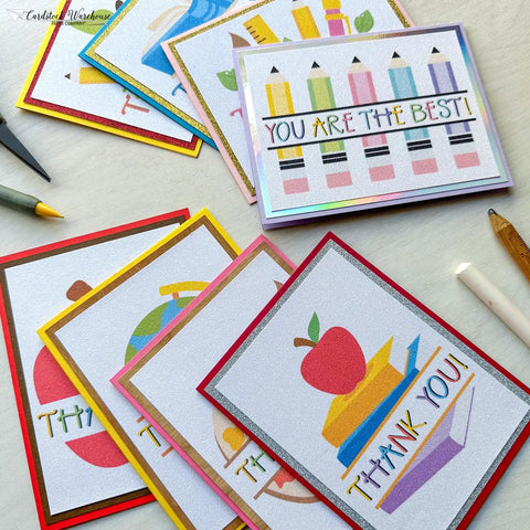 DIY cards on premium white glitter cardstock paper 104lb 280 GSM, featuring colorful school-themed designs for crafts