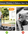 Before and after image of Heavy Duty 600 Lb Hand Truck Featuring Rock Solid Build for easy transport and reduced strain.