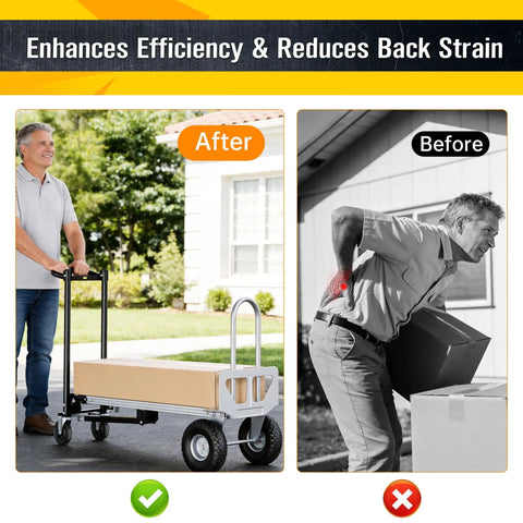 Before and after image of Heavy Duty 600 Lb Hand Truck Featuring Rock Solid Build for easy transport and reduced strain.