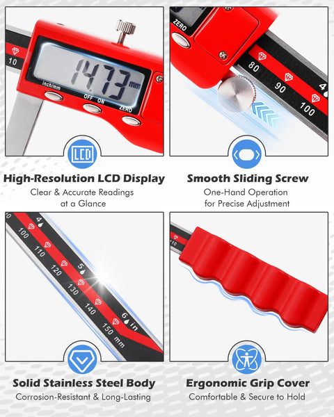 High-res LCD, smooth sliding screw, stainless steel body, ergonomic grip on Digital Brake Rotor Caliper Tool For Disc Brake Thickness.