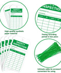 Top Shelf Safety Inspection Tags Paired With Adjustable Wire Ties For Quick Equipment Checks And Job Site Warning Labels, including synthetic paper tags and green ties.