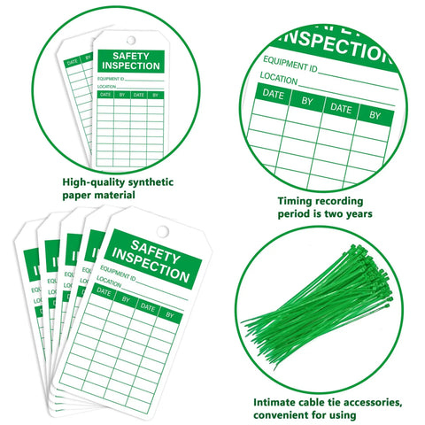 Top Shelf Safety Inspection Tags Paired With Adjustable Wire Ties For Quick Equipment Checks And Job Site Warning Labels, including synthetic paper tags and green ties.