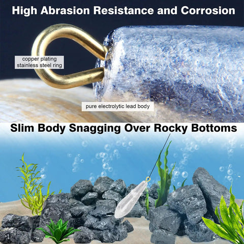 Drop Shot Fishing Weights Kit 10 Pieces 1oz lead sinkers with copper-plated loop submerged near rocky bottom for bass fishing.