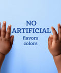 Baby hands reaching towards 'No Artificial Flavors Colors' sign, linked to My First Fruits Starter Kit Banana Pear Apple Puree In 2 Ounce Tubs Set Of Six