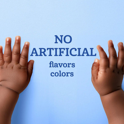 Baby hands reaching towards 'No Artificial Flavors Colors' sign, linked to My First Fruits Starter Kit Banana Pear Apple Puree In 2 Ounce Tubs Set Of Six