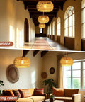 Plug And Play Rattan Pendant Light With Authentic Boho Farmhouse Charm, illuminating a cozy living room and stylish corridor.