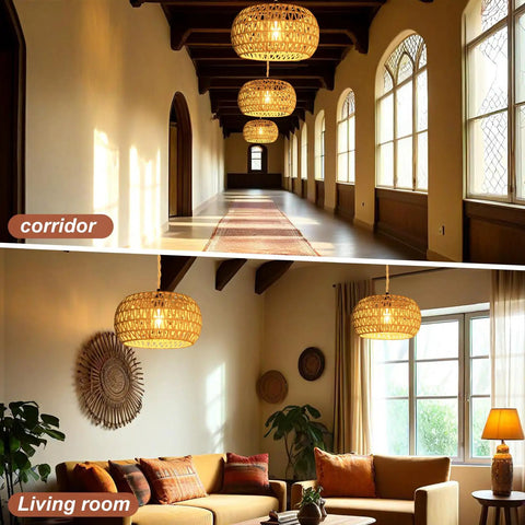 Plug And Play Rattan Pendant Light With Authentic Boho Farmhouse Charm, illuminating a cozy living room and stylish corridor.