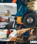 Close-up of various tools: paint roller, tapping tool, drill, and grinder being used on surfaces; labeled as painted, tapped, drilled, sanded.