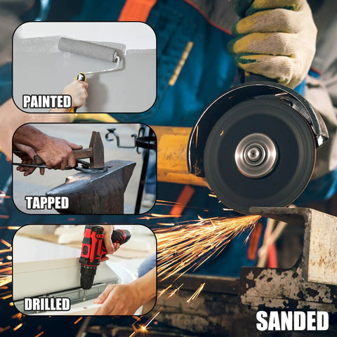 Close-up of various tools: paint roller, tapping tool, drill, and grinder being used on surfaces; labeled as painted, tapped, drilled, sanded.