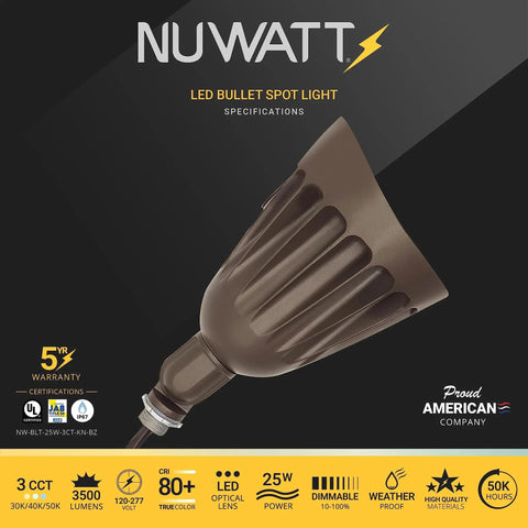 Bronze 25W Bullet Outdoor LED Spotlight Flood Light for Yard and Garden 3500 Lumens, shown with specifications and features