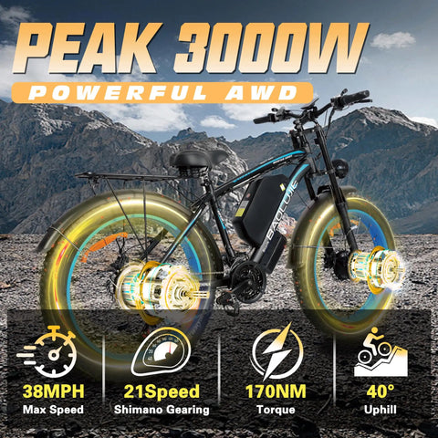 All Wheel Drive Electric Mountain Bike For Adults With Dual 1500W Motors, Up To 80 Mile Range And 38 MPH Peak displayed in mountains.