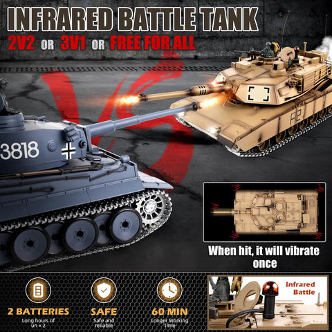 One Six Scale RC Tank With Infrared Battle, Smoke, Sound And Lights, Upgraded Metal Tracks Idler And Sprocket, Steel Gearbox