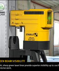 Top Shelf Green Beam Cross Line Laser Bundle Loaded With Full Setup Gear To Shoot Straight Green Lines Clear As Day Up To Hundred Feet On Any Job Site While Keeping Layouts Totally Dead On Point. Close-up of a yellow laser level on a tripod.