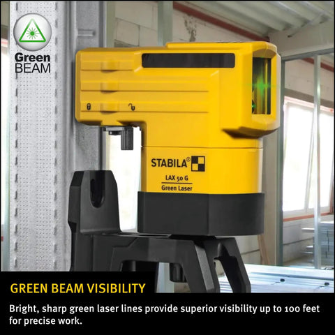 Top Shelf Green Beam Cross Line Laser Bundle Loaded With Full Setup Gear To Shoot Straight Green Lines Clear As Day Up To Hundred Feet On Any Job Site While Keeping Layouts Totally Dead On Point. Close-up of a yellow laser level on a tripod.