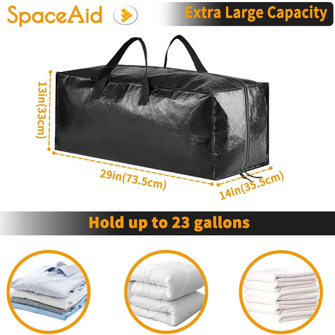 Heavy Duty Moving Bags 8 Pack Large Storage Totes With Backpack Straps And Tough Handles And Zippers For Moving And Dorm Organization 86 Liter Capacity Holds Up To 60lbs Durable Coated PE Weave shown with dimensions and folded items
