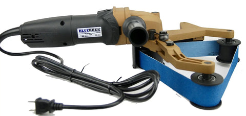 Heavy Duty 110V Variable Speed Pipe Polisher And Grinder features a grooved roller, power cord, and blue sanding belt for metal prep.