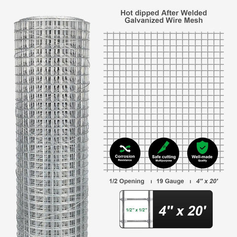 Heavy Duty Hot Dipped Galvanized Wire Mesh Roll 4 By 20 Feet Half Inch Hardware Cloth, showing 19 gauge mesh pattern.