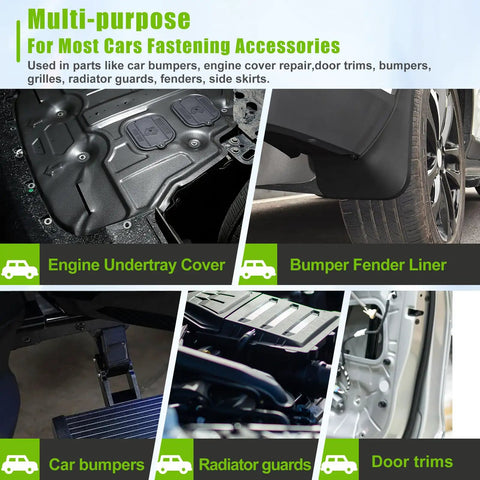 50 Pcs One Quarter Inch U Nut Clips And Hex Head Automotive Body Bolts Kit shown used in car engine and bumper installation