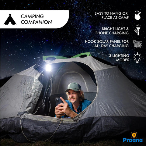 Three In One Solar Survival Kit Emergency Flashlight With 5000mAh USB C Power Bank And Seven Watt Solar Panel used in night camping