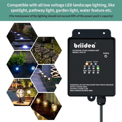 Outdoor Low Voltage Transformer 60W 120V AC to 12V DC for Landscape Lights with Countdown Timer and Photocell Sensor close-up