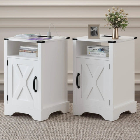 Farmhouse Nightstand Set Of 2 End Table With Charging Station Dual USB Ports Tall Bedside Tables Wooden Side Tables White