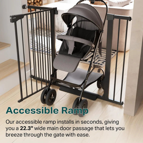 36 Inch Extra Tall Baby Gate For Stairs And Doorways Adjustable 29.7 To 40.6 Inch Wide Pressure Mounted Auto Close Gate For Dogs And Kids Kid Safe Pet Proof Indoor Use Durable Safety Gate Moms Choice Award Winner Black with stroller passing through gate